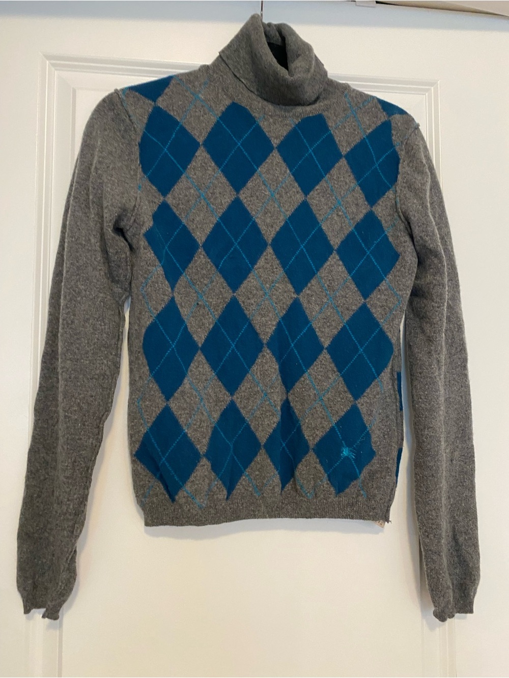 Burberry Gray Turtleneck Sweater with Blue Argyle